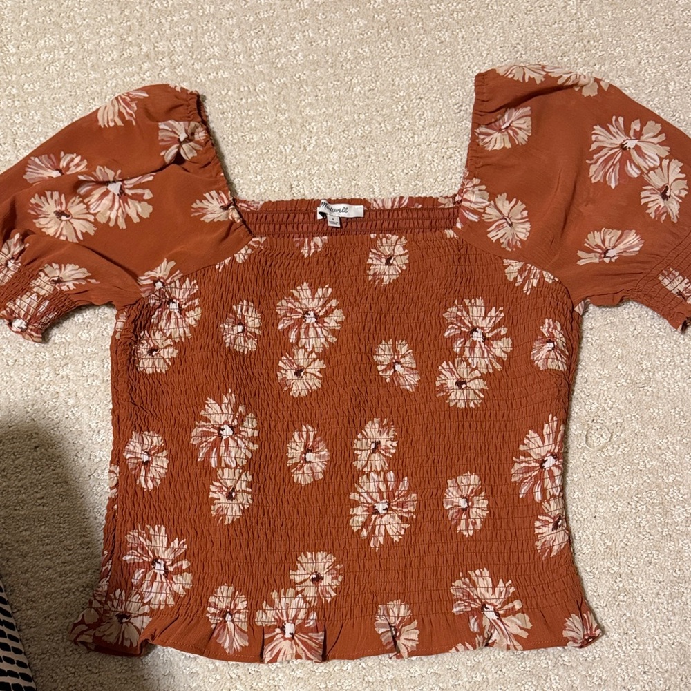 Madewell Terracotta Floral Smocked Blouse